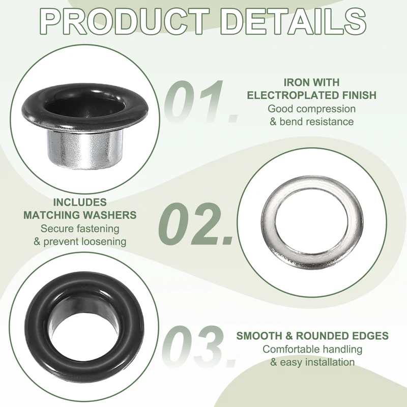 Grommets Kit, Metal Eyelets with Washers 6mm 1/4" & 250 Set & Matte Black
