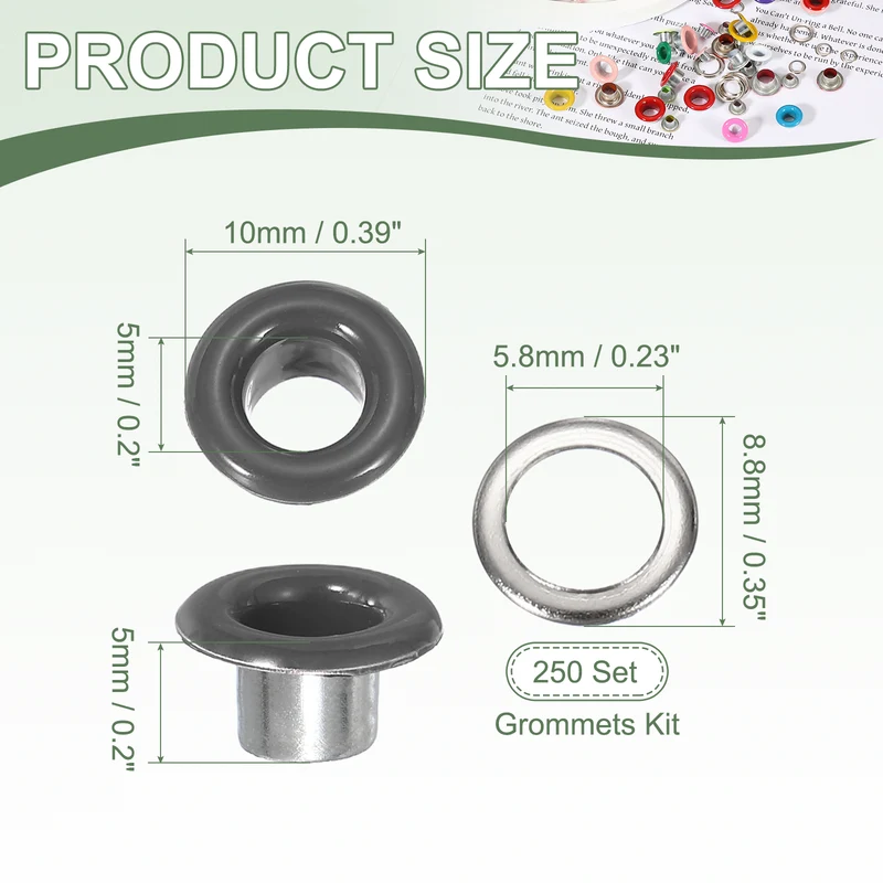 Grommets Kit, Metal Eyelets with Washers 5mm 3/16" & 250 Set & Gray