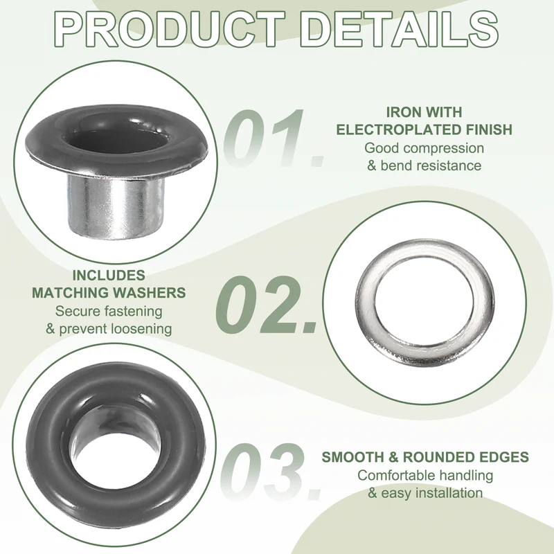 Grommets Kit, Metal Eyelets with Washers 5mm 3/16" & 250 Set & Gray