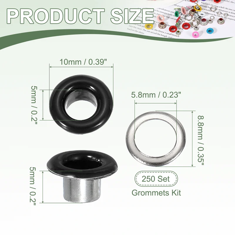 Grommets Kit, Metal Eyelets with Washers 5mm 3/16" & 250 Set & Bright Black