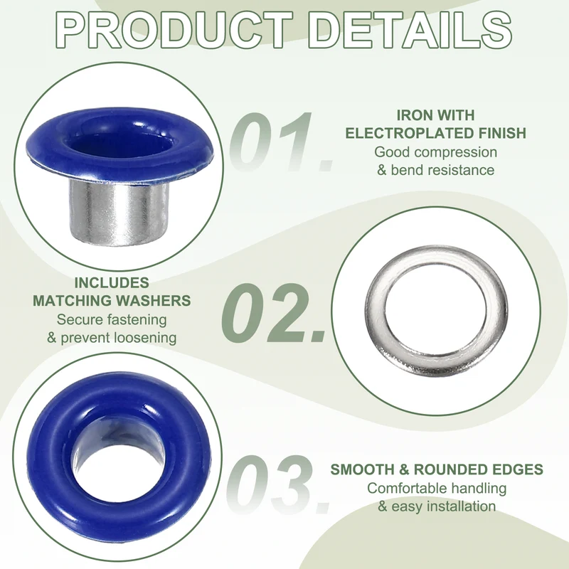 Grommets Kit, Metal Eyelets with Washers 5mm 3/16" & 250 Set & Dark Blue