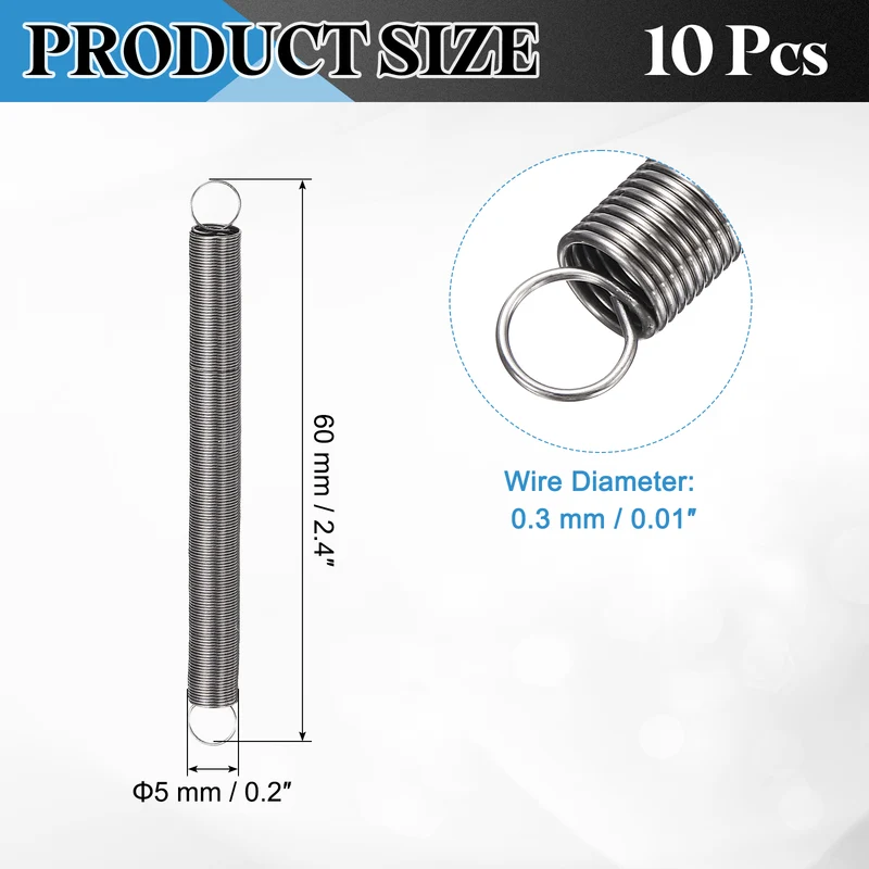 Extension Spring 10pcs Wire Dia 0.01" OD 0.2" Free Length 2.4"