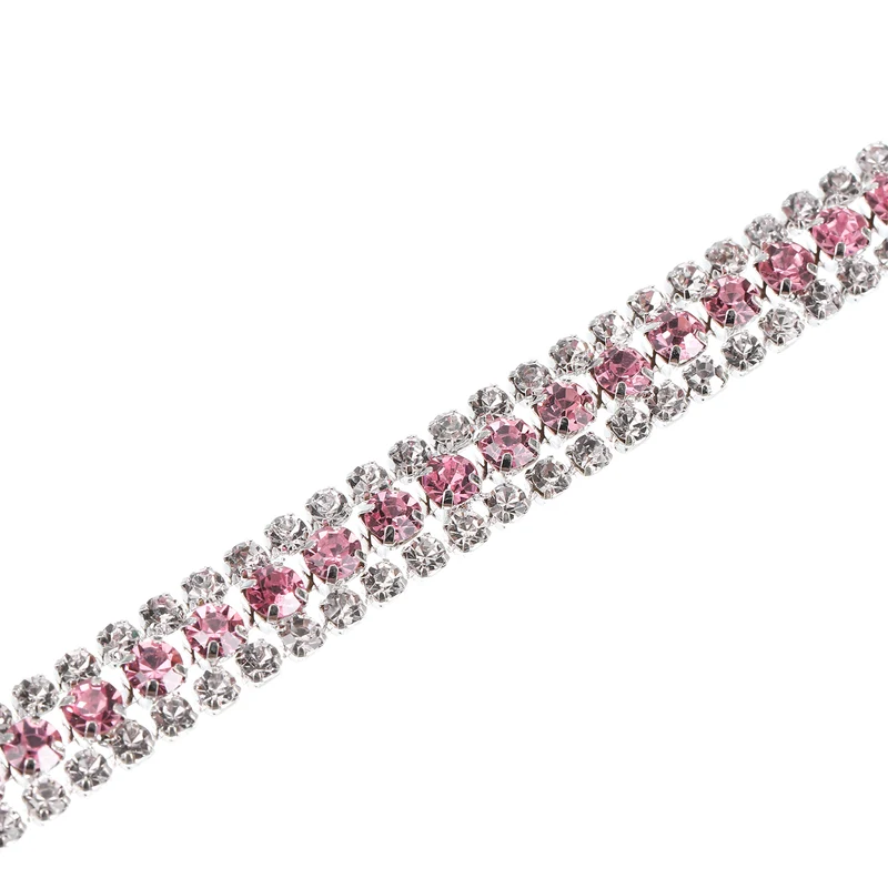 1 Yard 3 Rows Rhinestone Chain, 8.5mm Crystal Close Claw Chain Trim for DIY Jewelry, Clothing, Bags, Shoe Decoration (Silver, Pink, White)