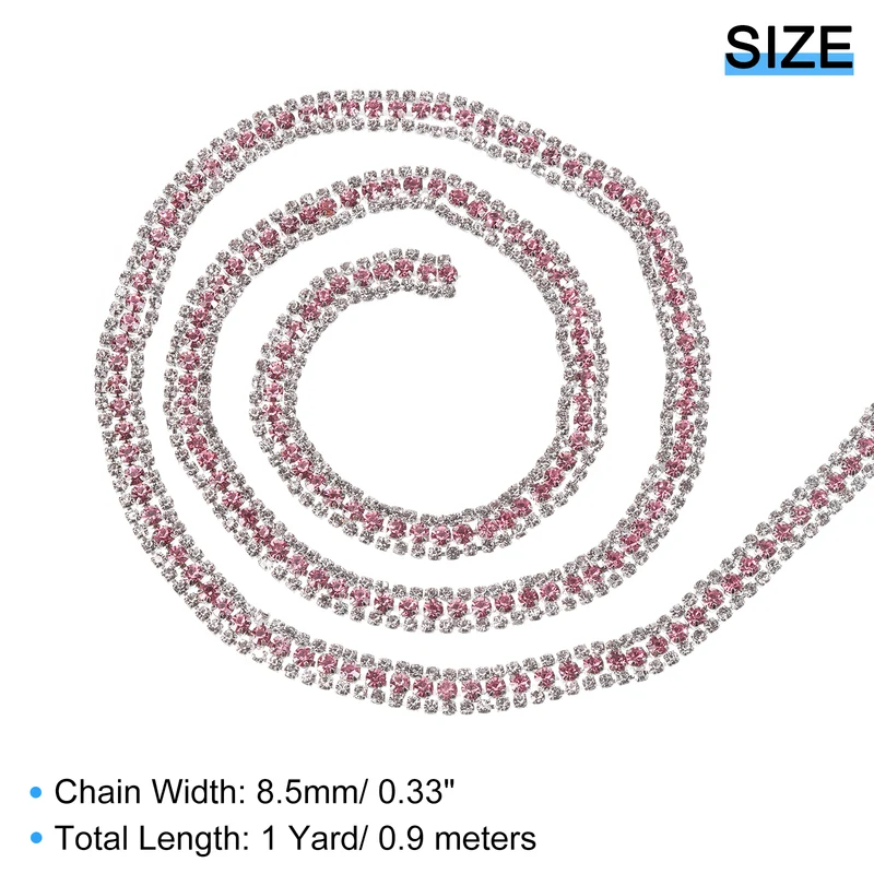 1 Yard 3 Rows Rhinestone Chain, 8.5mm Crystal Close Claw Chain Trim for DIY Jewelry, Clothing, Bags, Shoe Decoration (Silver, Pink, White)