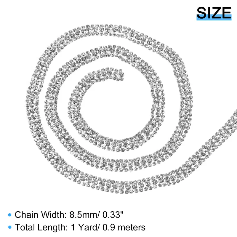 1 Yard 3 Rows Rhinestone Chain, 8.5mm Crystal Close Claw Chain Trim for DIY Jewelry, Clothing, Bags, Shoe Decoration (Silver, White)