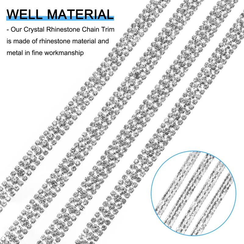 1 Yard 3 Rows Rhinestone Chain, 8.5mm Crystal Close Claw Chain Trim for DIY Jewelry, Clothing, Bags, Shoe Decoration (Silver, White)