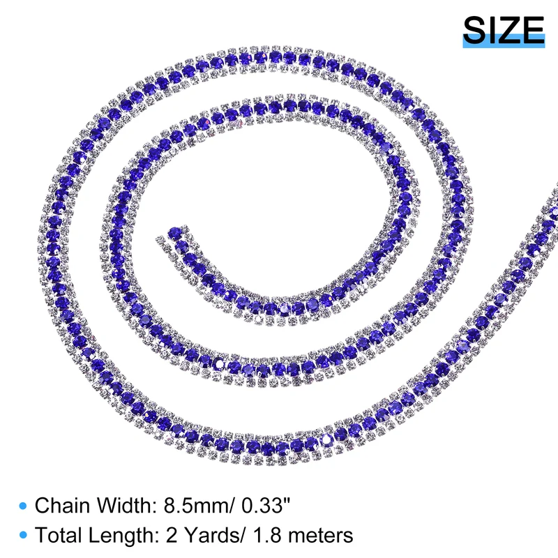 2 Yards 3 Rows Rhinestone Chain, 8.5mm Crystal Close Claw Chain Trim for DIY Jewelry, Clothing, Bags, Shoe Decoration (Silver, Sapphire Blue, White)
