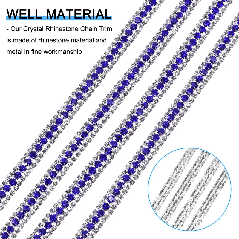 2 Yards 3 Rows Rhinestone Chain, 8.5mm Crystal Close Claw Chain Trim for DIY Jewelry, Clothing, Bags, Shoe Decoration (Silver, Sapphire Blue, White)