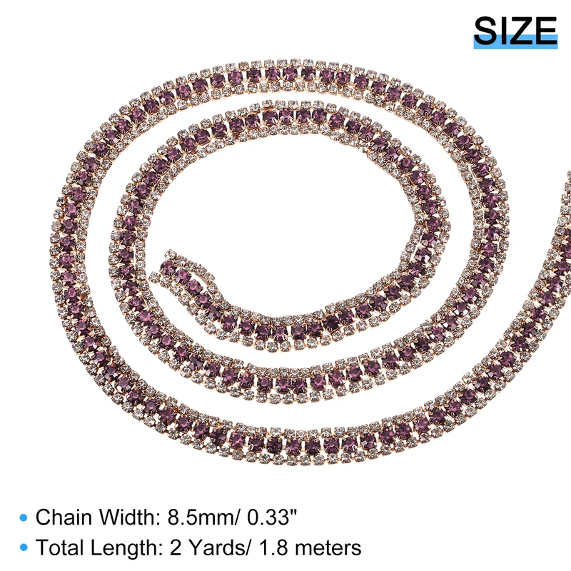 2 Yards 3 Rows Rhinestone Chain, 8.5mm Close Claw Chain Trim (Purple/White)