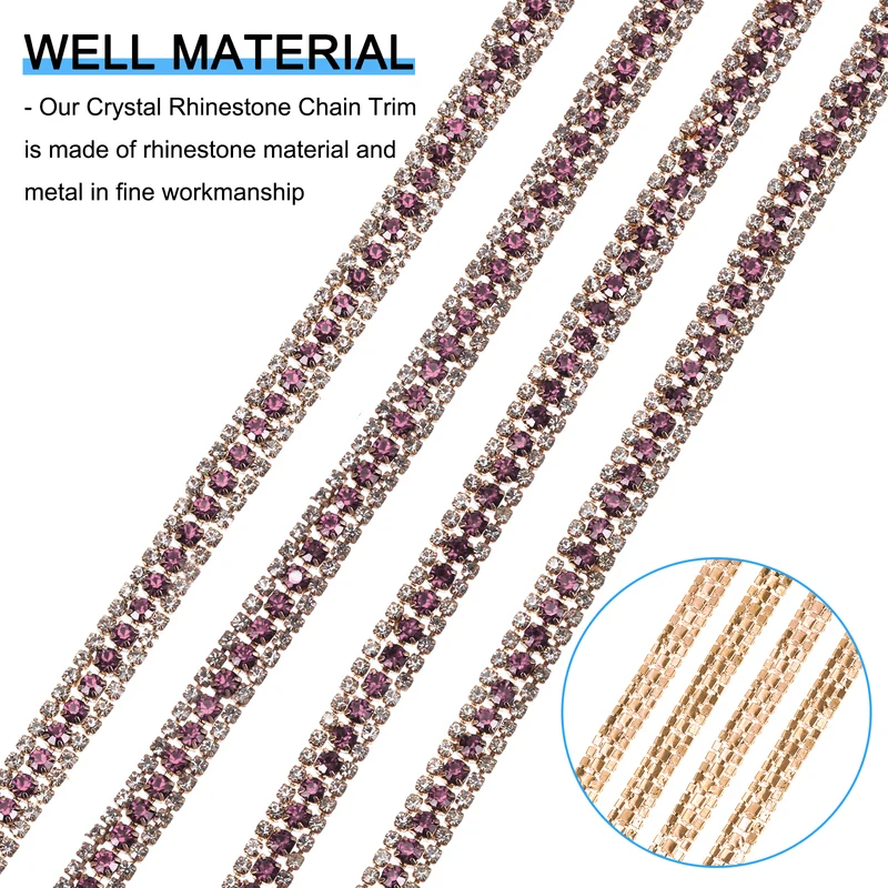 2 Yards 3 Rows Rhinestone Chain, 8.5mm Close Claw Chain Trim (Purple/White)