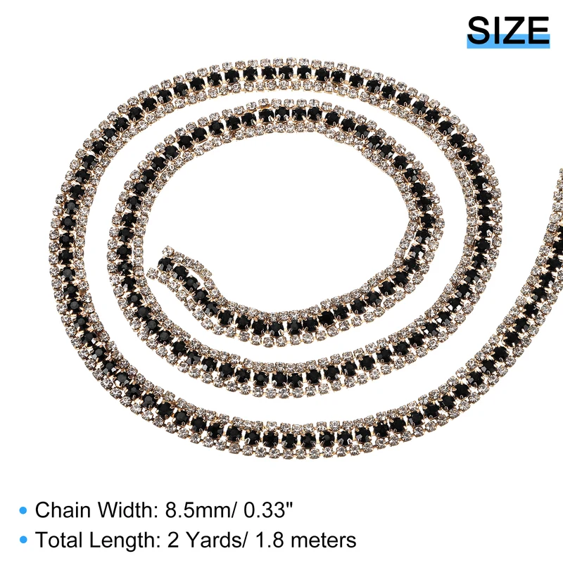2 Yards 3 Rows Rhinestone Chain, 8.5mm Close Claw Chain Trim (Black/White)