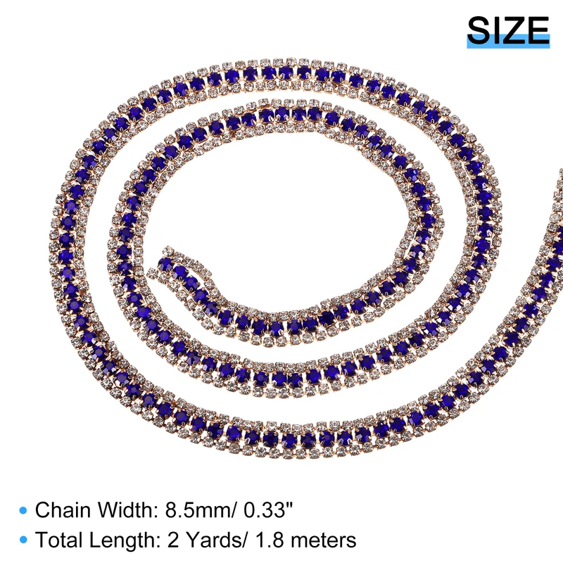 2 Yards 3 Rows Rhinestone Chain, 8.5mm Close Claw Chain Trim (Sapphire/White)