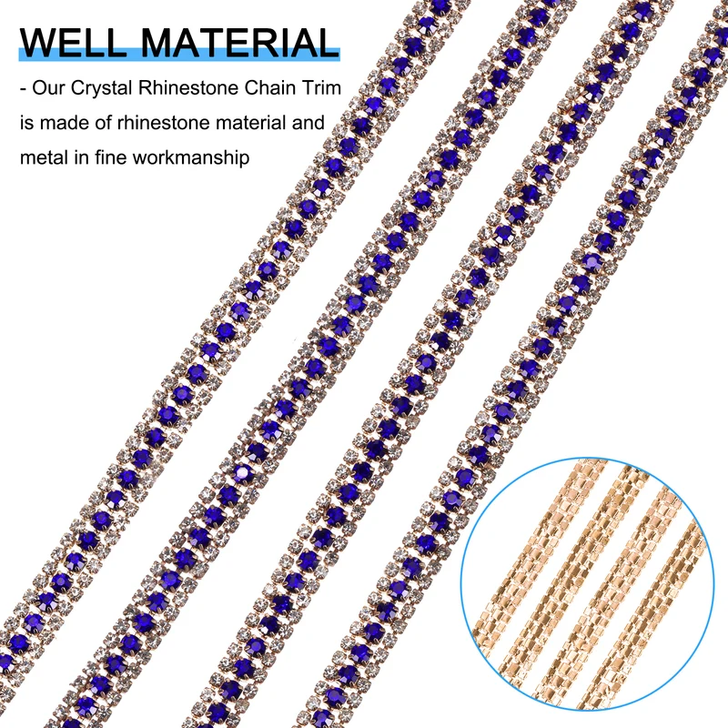 2 Yards 3 Rows Rhinestone Chain, 8.5mm Close Claw Chain Trim (Sapphire/White)