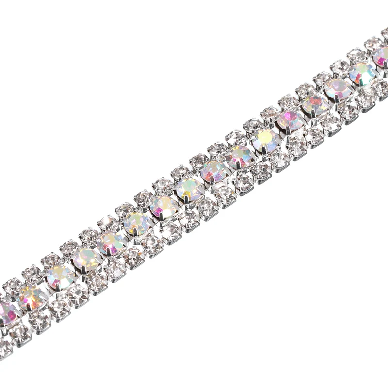 2 Yards 3 Rows Rhinestone Chain, 8.5mm Close Claw Chain Trim (AB, White)