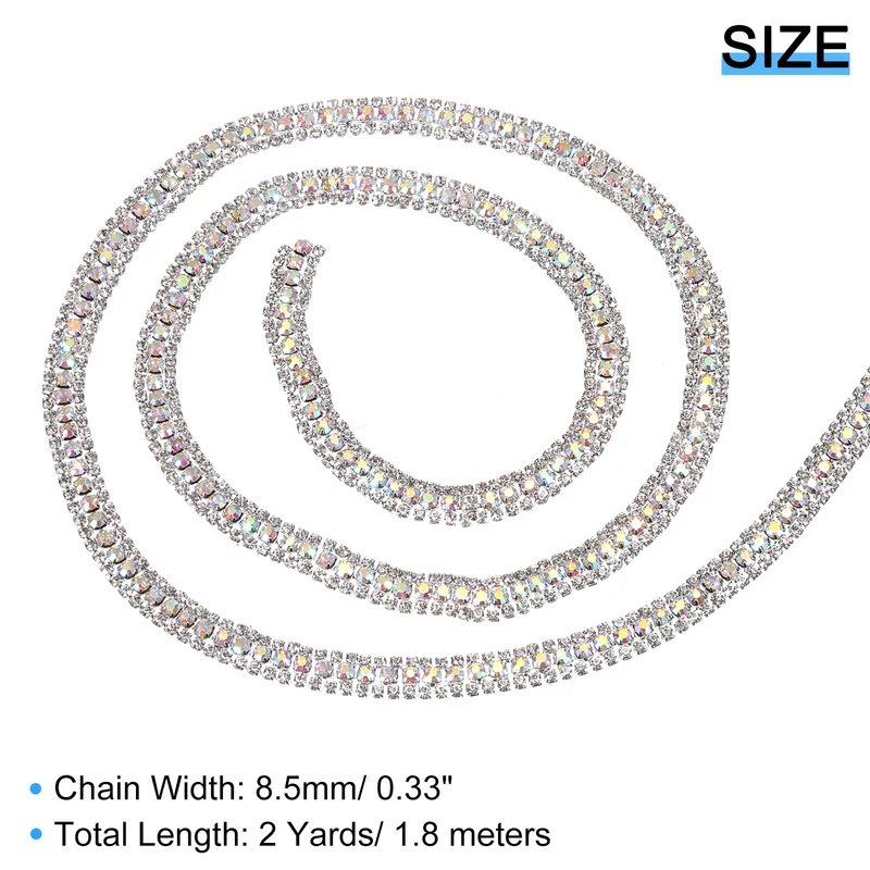 2 Yards 3 Rows Rhinestone Chain, 8.5mm Close Claw Chain Trim (AB, White)