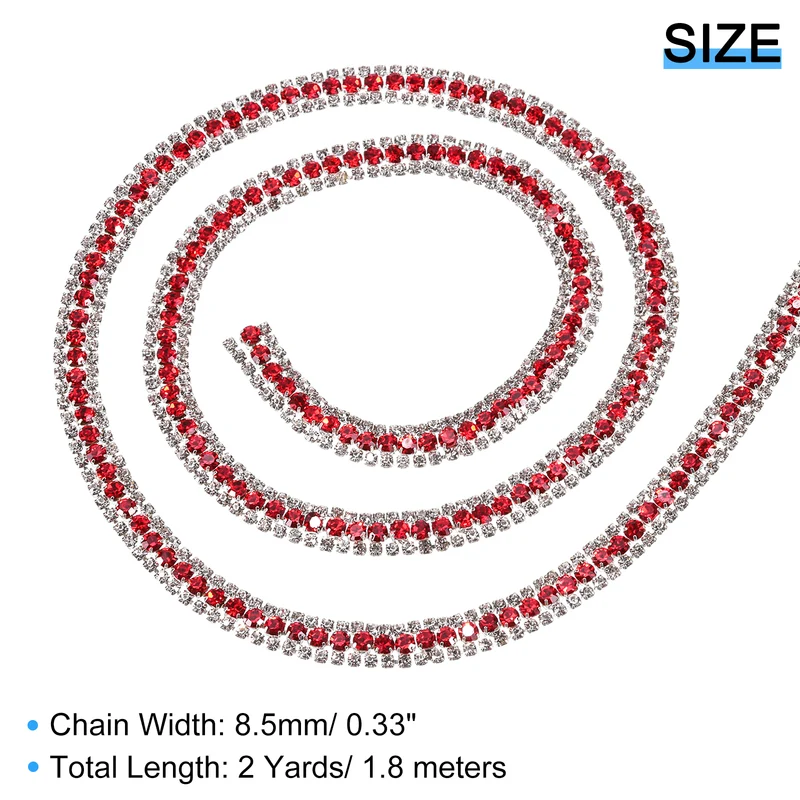 2 Yards 3 Rows Rhinestone Chain, 8.5mm Crystal Close Claw Chain Trim for DIY Jewelry, Clothing, Bags, Shoe Decoration (Silver, Red, White)