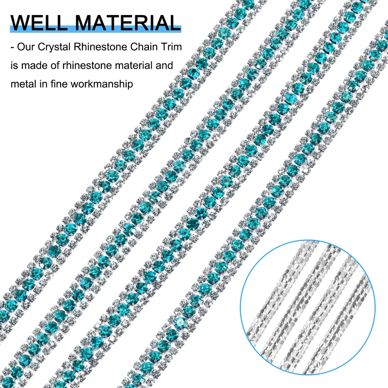 2 Yards 3 Rows Rhinestone Chain, 8.5mm Crystal Close Claw Chain Trim for DIY Jewelry, Clothing, Bags, Shoe Decoration (Silver, Bright Blue, White)