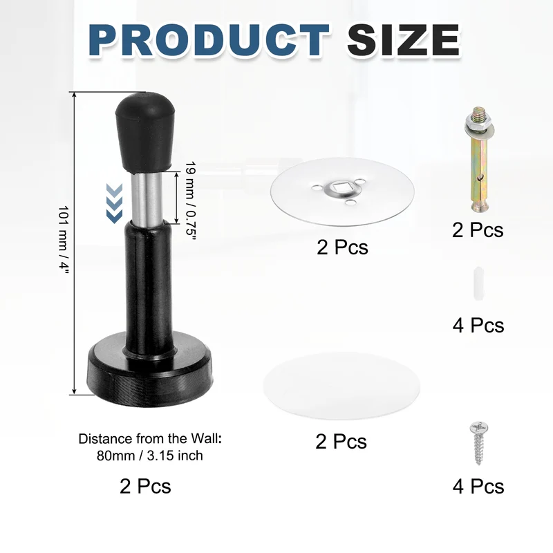 2PCS 4" Magnetic Door Stoppers, Adjustable Door Stops Bumper, Black