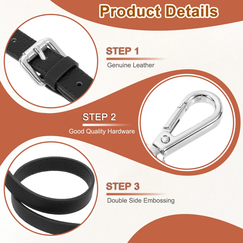 1" Genuine Leather Purse Strap for Bag (Black, Silver Buckle)
