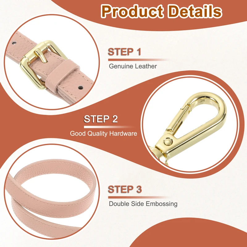1" Genuine Leather Purse Strap for Bag (Pink, Gold Buckle)