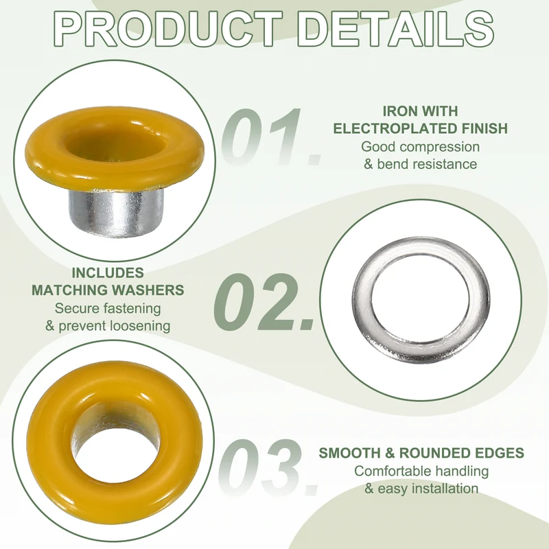Grommets Kit, Metal Eyelets with Washers 5mm 3/16" & 250 Set & Yellow