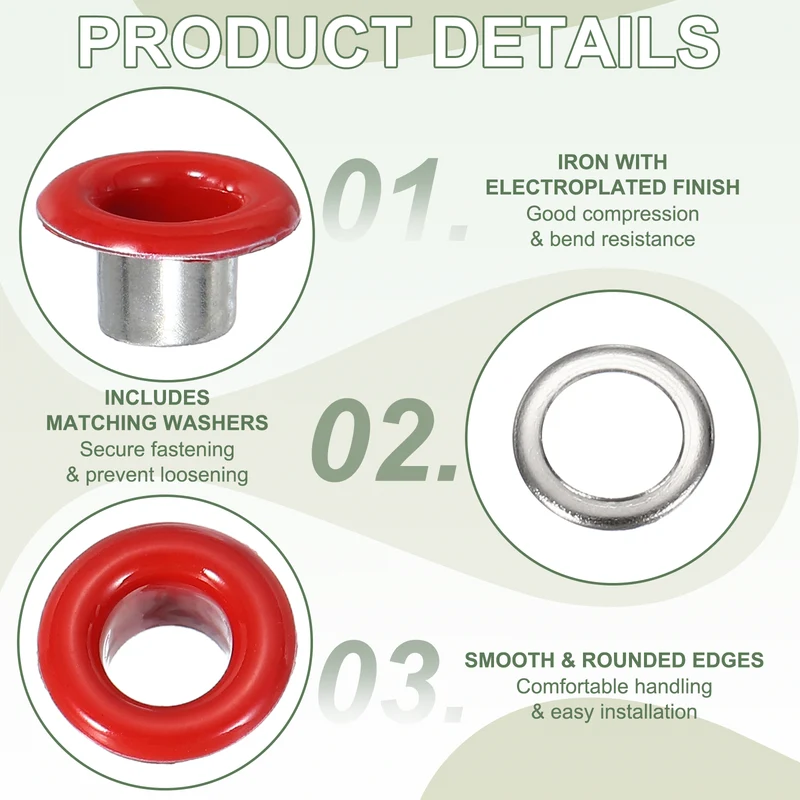 Grommets Kit, Metal Eyelets with Washers 5mm 3/16" & 250 Set & Red
