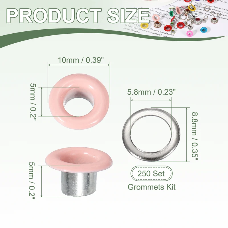 Grommets Kit, Metal Eyelets with Washers 5mm 3/16" & 250 Set & Pink