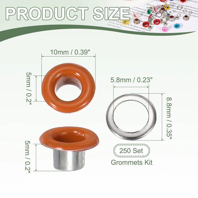 Grommets Kit, Metal Eyelets with Washers 5mm 3/16" & 250 Set & Orange
