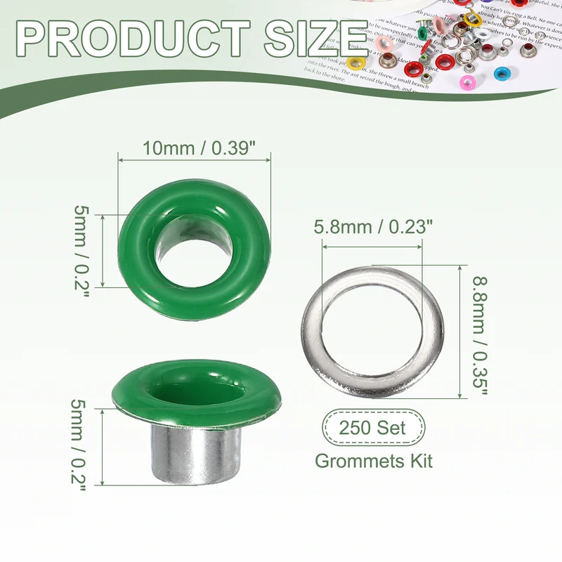 Grommets Kit, Metal Eyelets with Washers 5mm 3/16" & 250 Set & Cyan