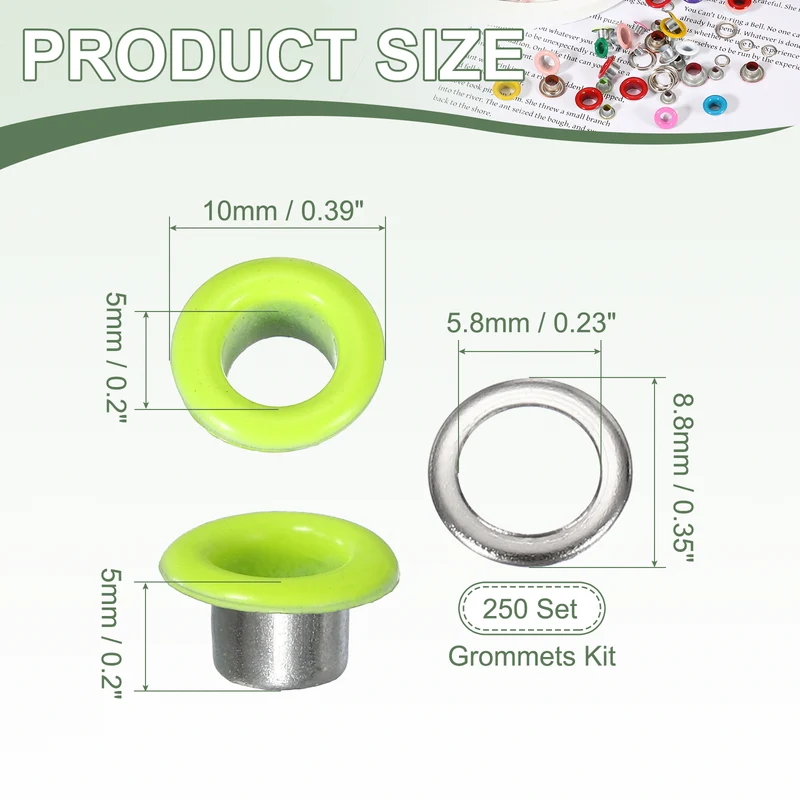 Grommets Kit, Metal Eyelets with Washers 5mm 3/16" & 250 Set & Fluorescent Green