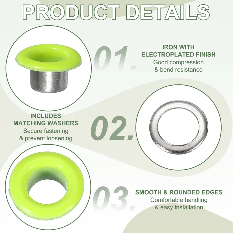 Grommets Kit, Metal Eyelets with Washers 5mm 3/16" & 250 Set & Fluorescent Green