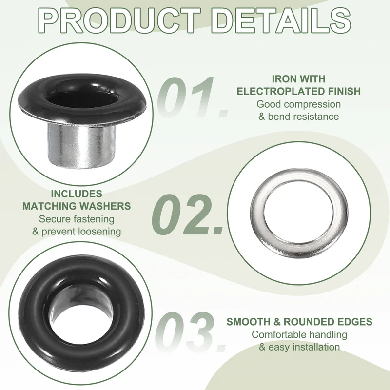 Grommets Kit, Metal Eyelets with Washers 5mm 3/16" & 250 Set & Matte Black