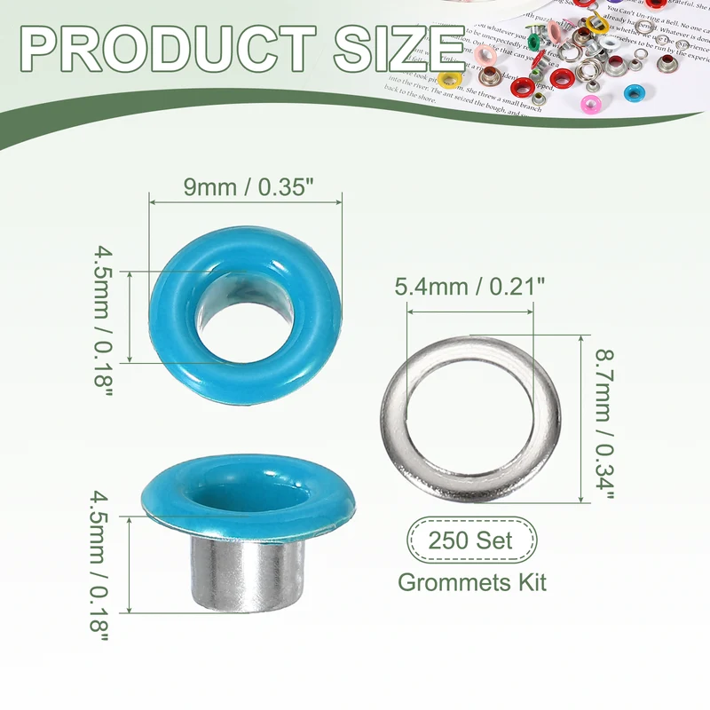 Grommets Kit, Metal Eyelets with Washers 4.5mm 3/16" & 250 Set & Sky Blue