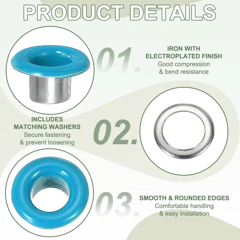 Grommets Kit, Metal Eyelets with Washers 4.5mm 3/16" & 250 Set & Sky Blue
