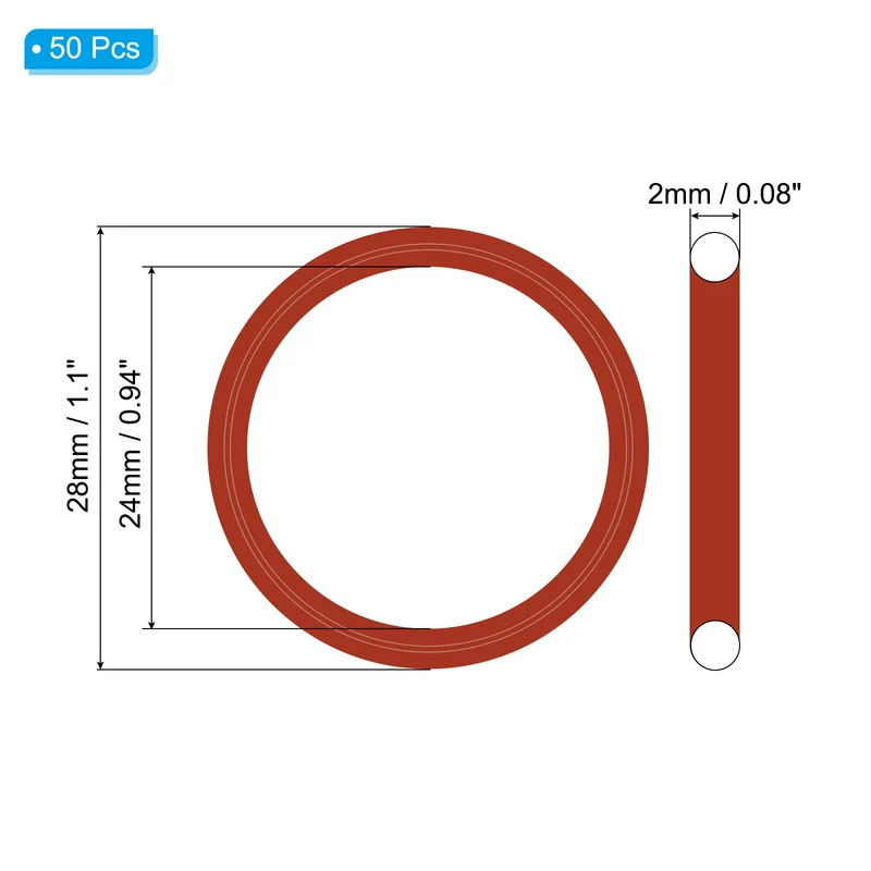 50Pcs Silicone O-Ring 28mm OD 24mm ID 2mm Width VMQ Sealing Gasket, Red