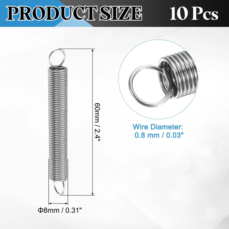 Extension Spring, 10pcs Wire Diameter 0.03", OD 0.31", Free Length 2.4", Silver