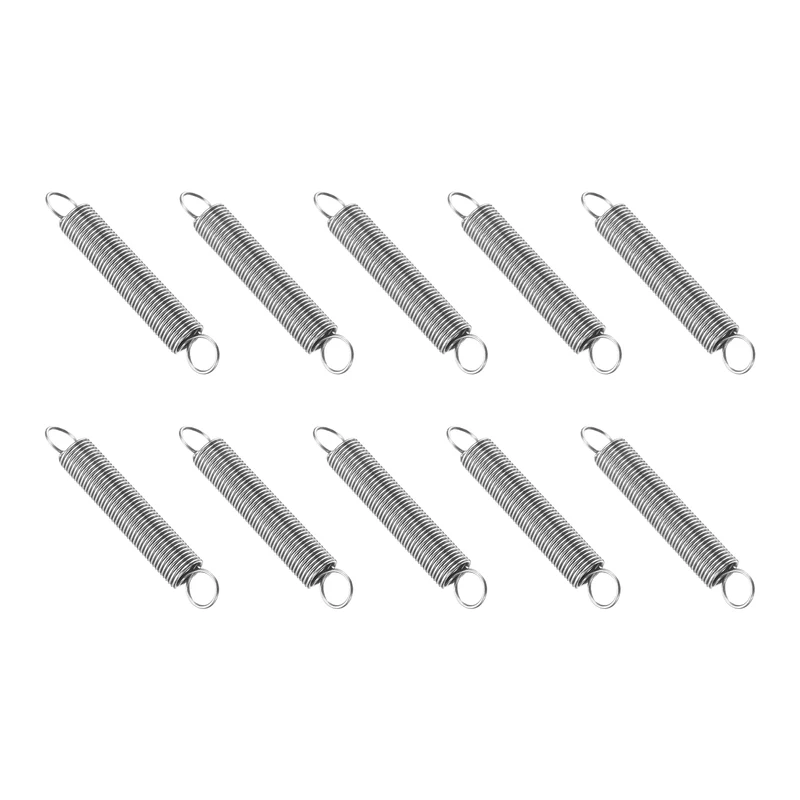 Extension Spring, 10pcs Wire Diameter 0.03", OD 0.31", Free Length 2", Silver