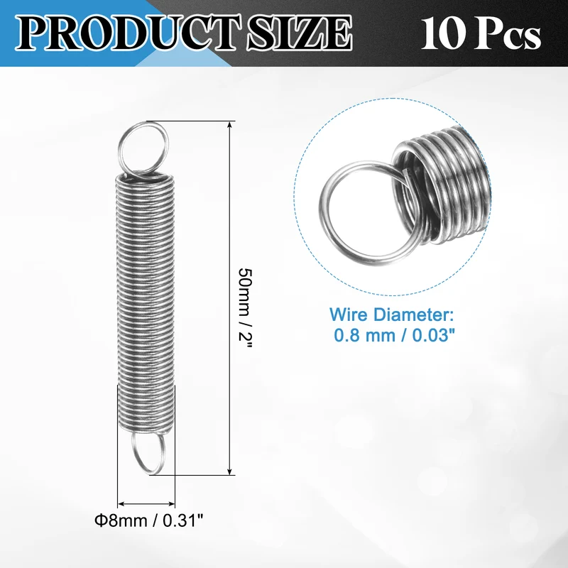 Extension Spring, 10pcs Wire Diameter 0.03", OD 0.31", Free Length 2", Silver