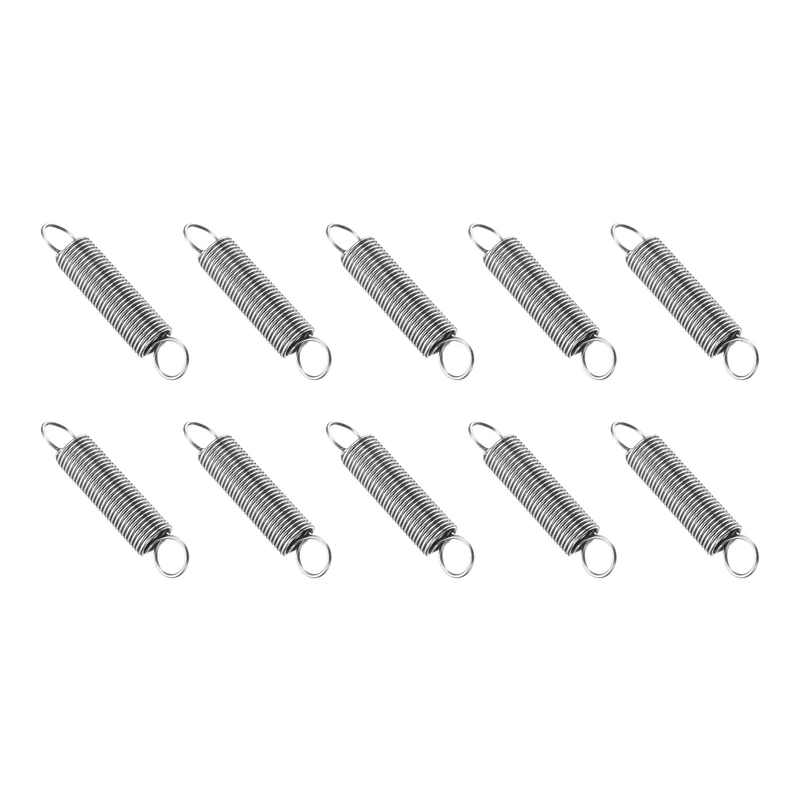 Extension Spring, 10pcs Wire Diameter 0.03", OD 0.31", Free Length 1.6", Silver