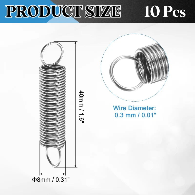 Extension Spring, 10pcs Wire Diameter 0.03", OD 0.31", Free Length 1.6", Silver