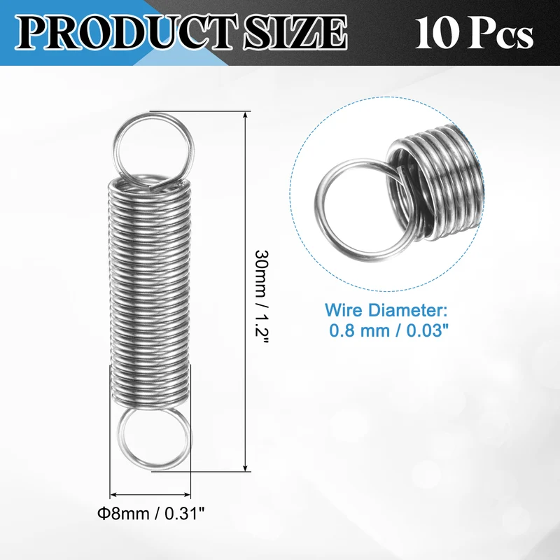 Extension Spring, 10pcs Wire Diameter 0.03", OD 0.31", Free Length 1.2", Silver