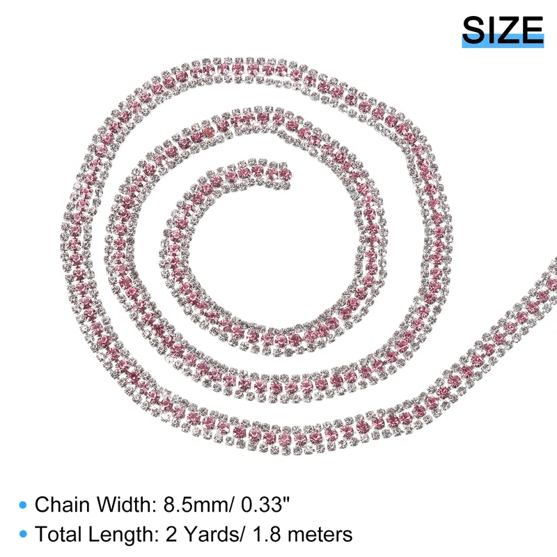 2 Yards 3 Rows Rhinestone Chain, 8.5mm Close Claw Chain Trim (Pink, White)