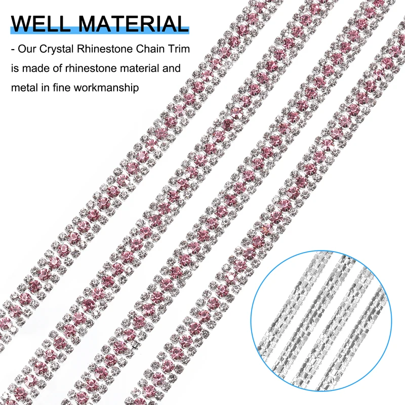 2 Yards 3 Rows Rhinestone Chain, 8.5mm Close Claw Chain Trim (Pink, White)