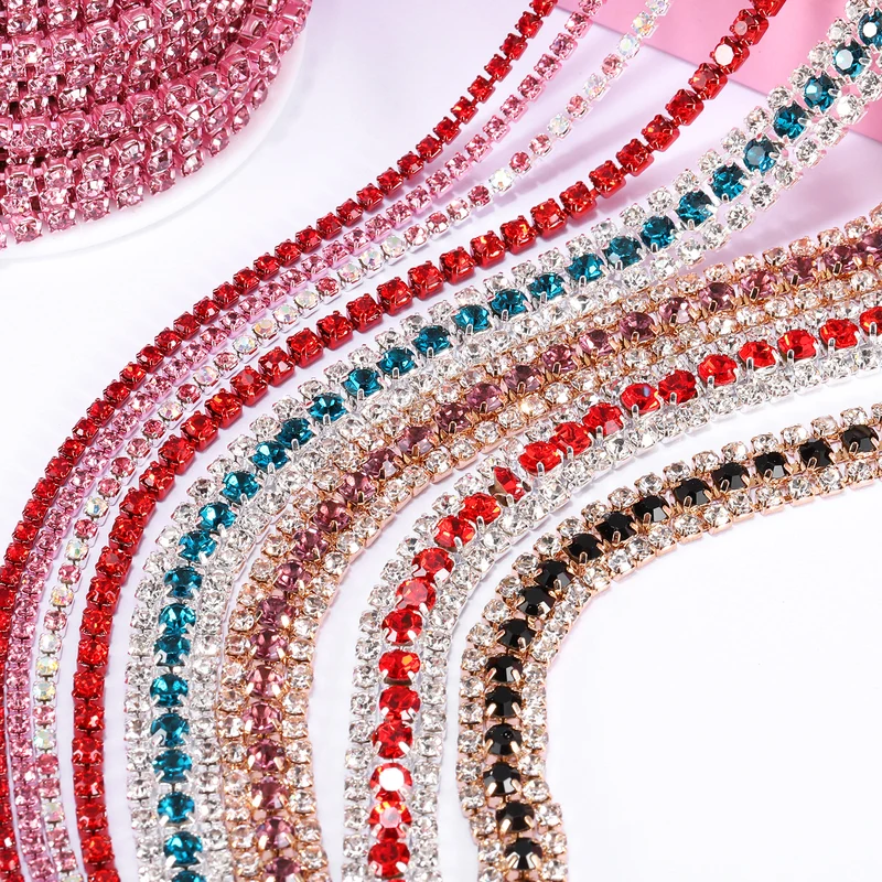 2 Yards 3 Rows Rhinestone Chain, 8.5mm Close Claw Chain Trim (Pink, White)