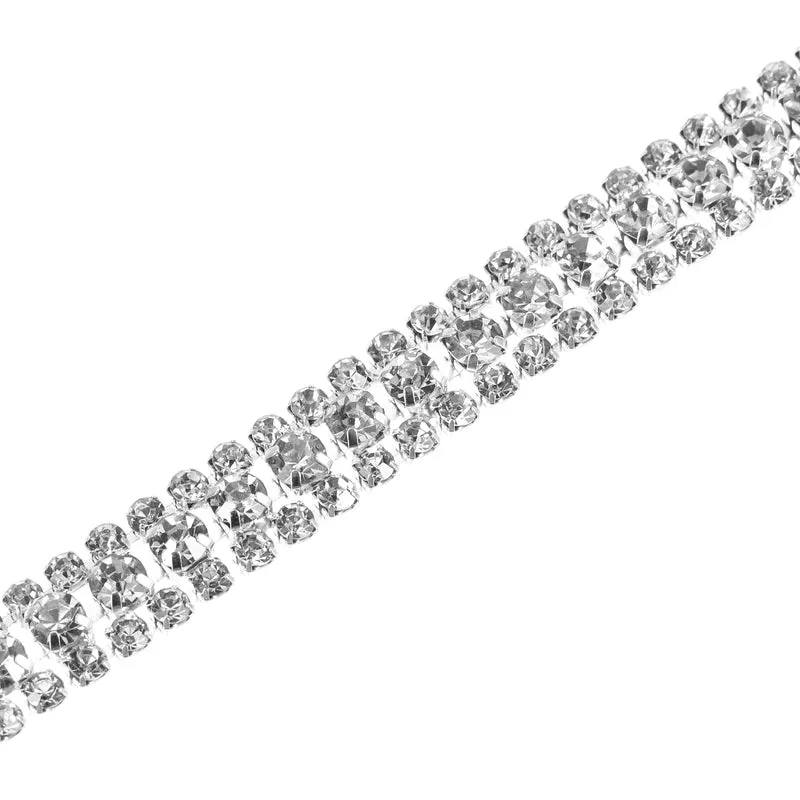 2 Yards 3 Rows Rhinestone Chain, 8.5mm Crystal Close Claw Chain Trim for DIY Jewelry, Clothing, Bags, Shoe Decoration (Silver, White)
