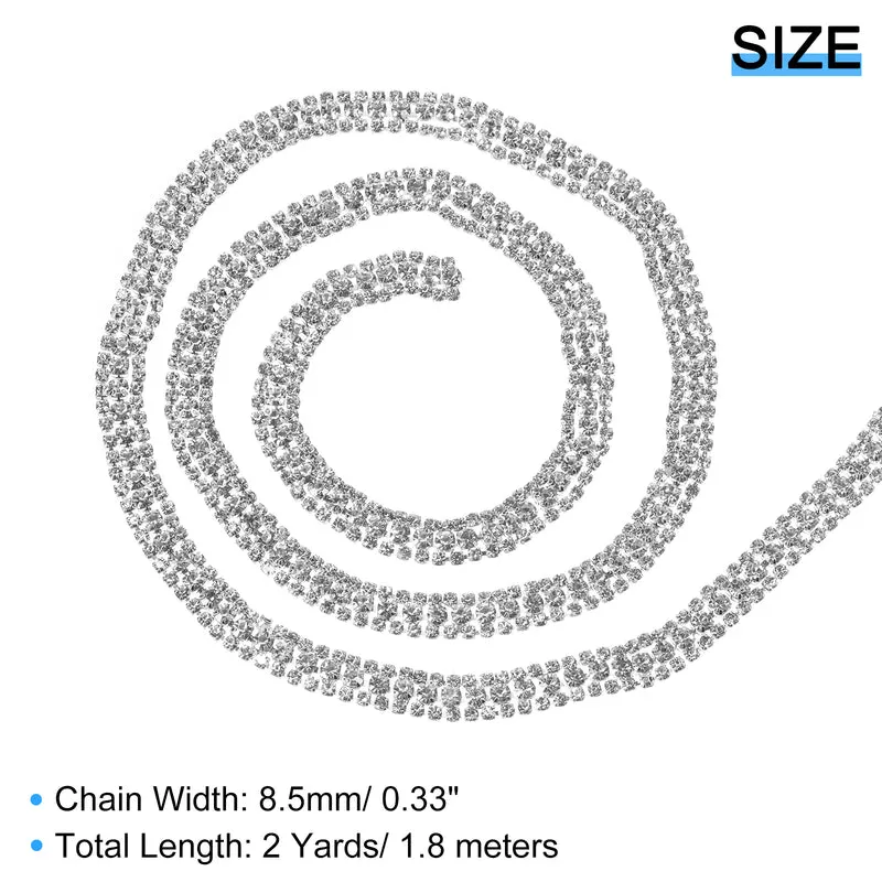 2 Yards 3 Rows Rhinestone Chain, 8.5mm Crystal Close Claw Chain Trim for DIY Jewelry, Clothing, Bags, Shoe Decoration (Silver, White)