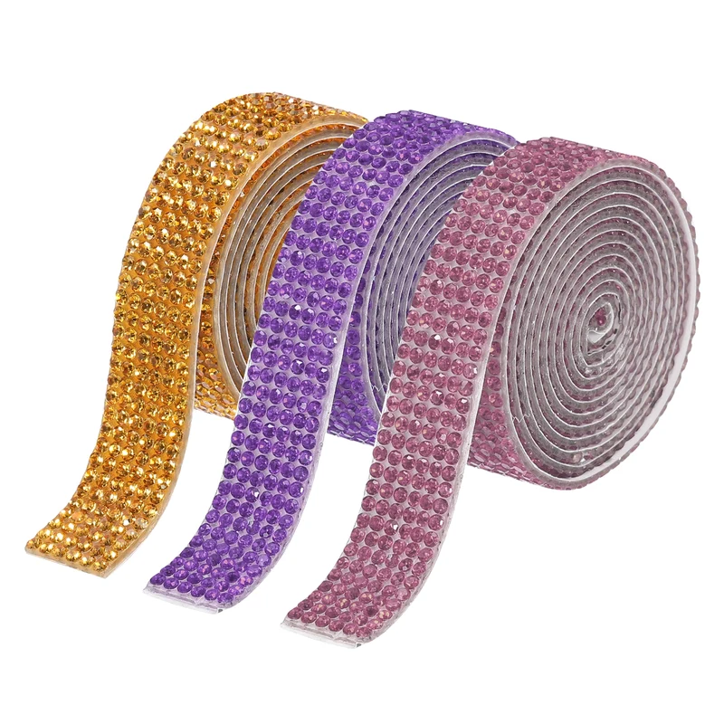 3Roll 1 Yard 8mm Self Adhesive Crystal Ribbon Gold,Purple,Light Purple