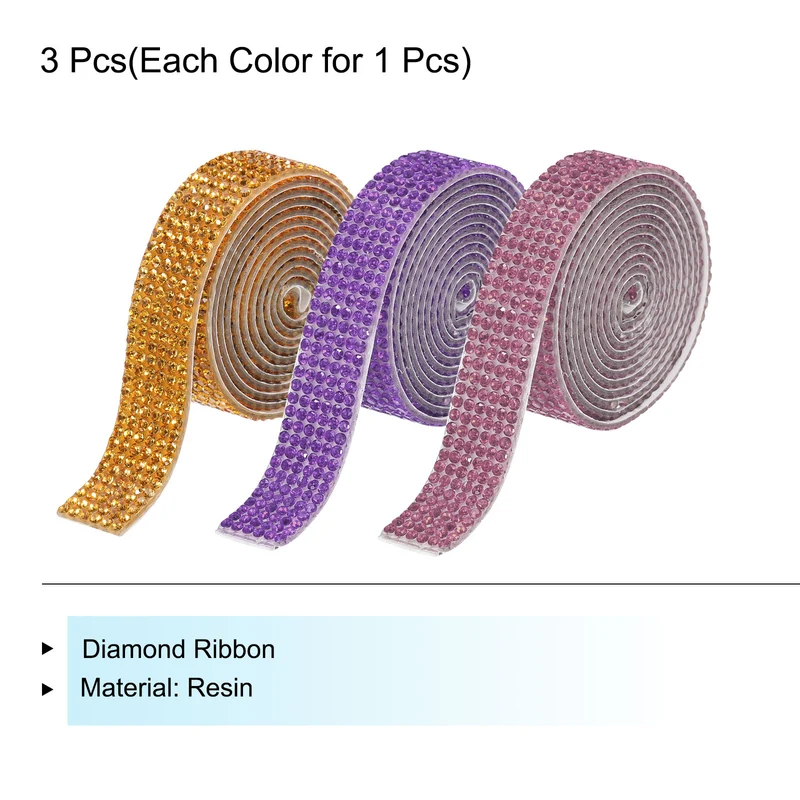 3Roll 1 Yard 8mm Self Adhesive Crystal Ribbon Gold,Purple,Light Purple