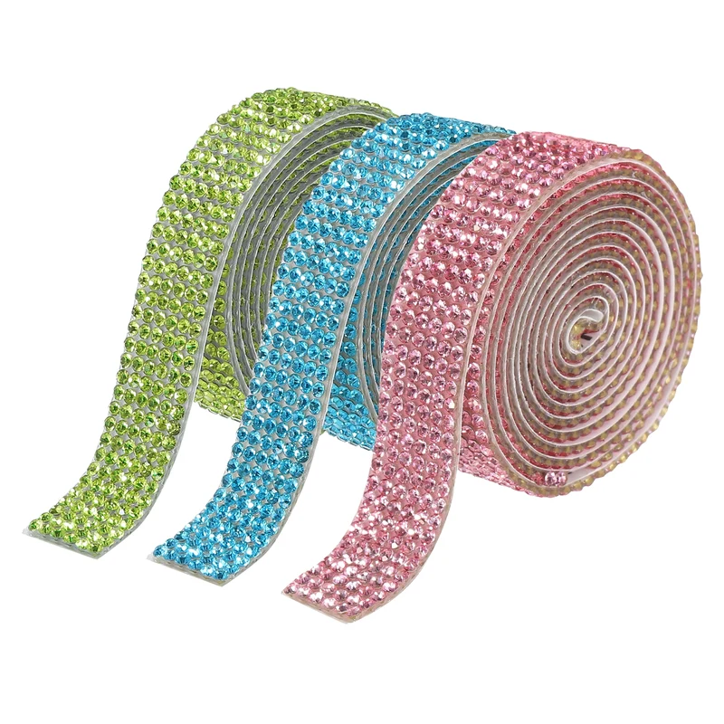 3Roll 1Yard 8mm Self Adhesive Crystal Ribbon Lake Blue,Light Green,Light Pink
