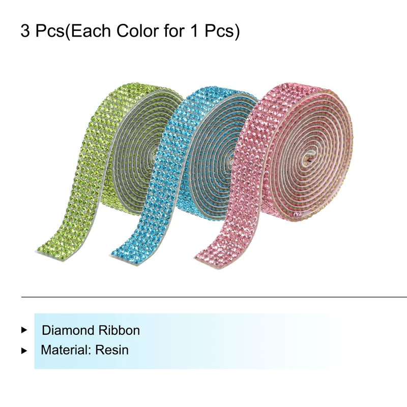 3Roll 1Yard 8mm Self Adhesive Crystal Ribbon Lake Blue,Light Green,Light Pink